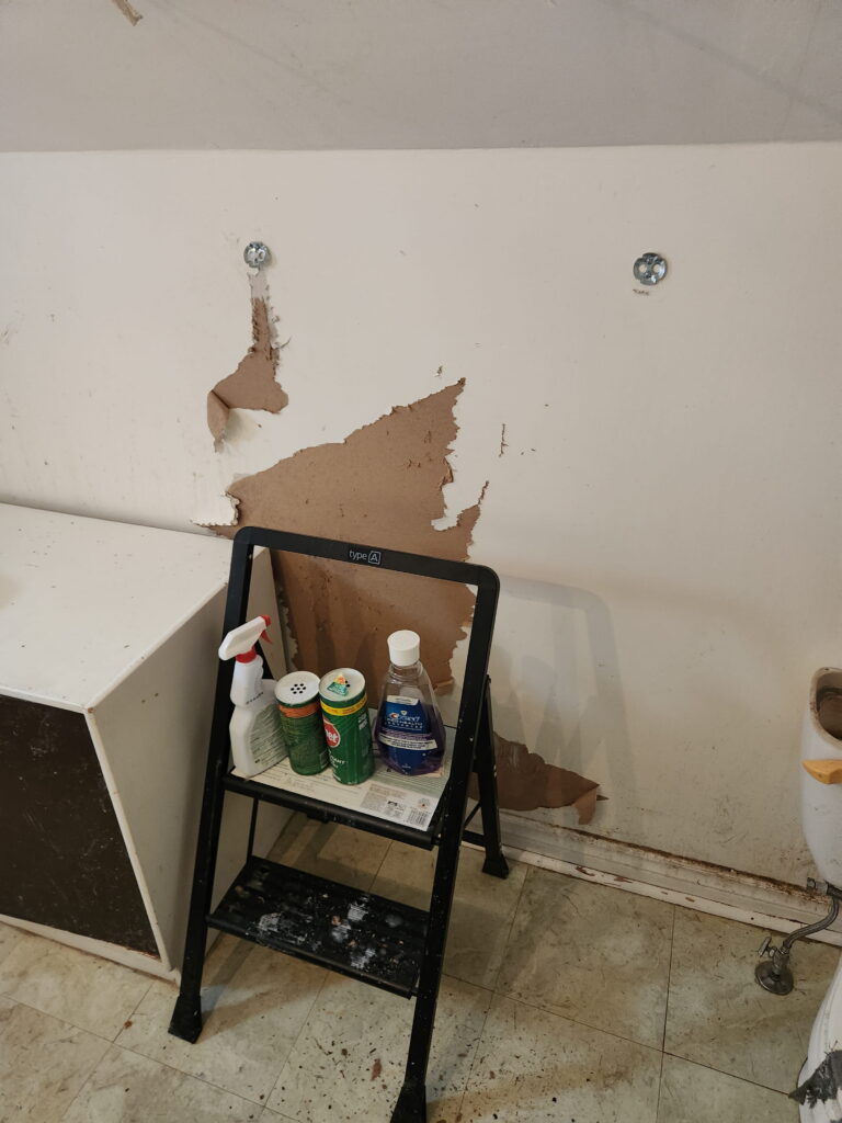 Damaged drywall with paper peeled off, requiring proper repair before painting